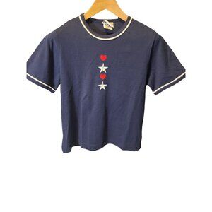 Bon Worth Blue White Red Patriotic Embroidered Short Sleeve Top Sz XS P